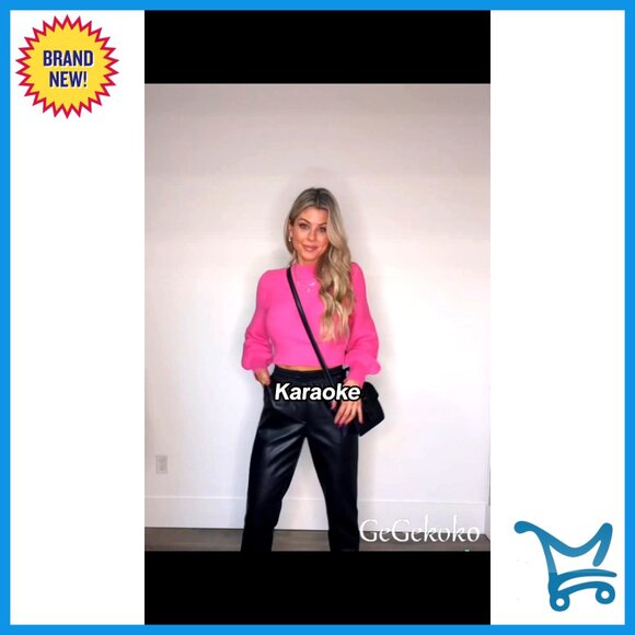 Ribbed Knit Cropped Pullover Sweater Long Balloon Sleeve Slim Fit Chic - Picture 7 of 7